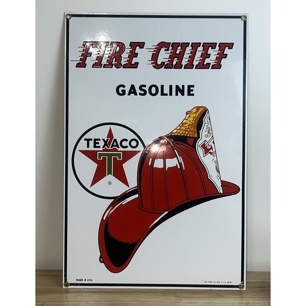 FIRE CHIEF ~ "GASOLINE TEXACO" ~ 1986 Ande Rooney Porcelain Advertising Sign